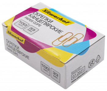 Скрепки Silwerhof 491035 металл 33мм золотистый (упак.:100шт) картонная коробка