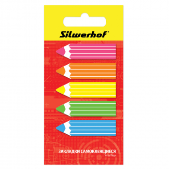 Закладки самокл. пластиковые Silwerhof 801003 45x12мм 5цв.в упак. 20лист карандаш с диспенсером европодвес