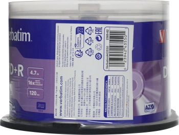 Диск DVD+R Verbatim 4.7Gb 16x Cake Box (50шт) (43550)