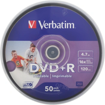 Диск DVD+R Verbatim 4.7Gb 16x Cake Box (50шт) Printable (43512)