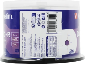 Диск DVD+R Verbatim 4.7Gb 16x Cake Box (50шт) Printable (43512)