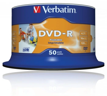 Диск DVD-R Verbatim 4.7Gb 16x Cake Box (50шт) Printable (43533)