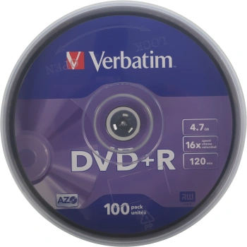 Диск DVD+R Verbatim 4.7Gb 16x Cake Box (100шт) (43551)