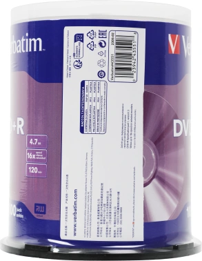 Диск DVD+R Verbatim 4.7Gb 16x Cake Box (100шт) (43551)