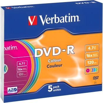 Диск DVD-R Verbatim 4.7Gb 16x Slim case (5шт) Color (43557)