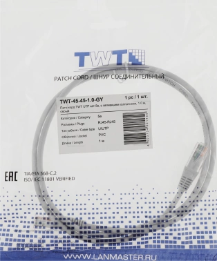 Патч-корд Lanmaster TWT-45-45-1.0-GY UTP RJ-45 вил.-вилка RJ-45 кат.5E 1м серый ПВХ (уп.:1шт)