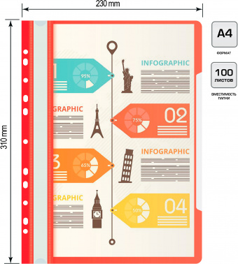 Папка-скоросшиватель Бюрократ -PS-P20RED A4 прозрач.верх.лист боков.перф. пластик красный 0.12/0.16