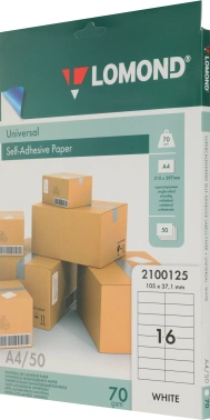 Этикетки Lomond 2100125 A4 37x105мм 16шт на листе/70г/м2/50л./белый самоклей. универсальная (с покрытием)