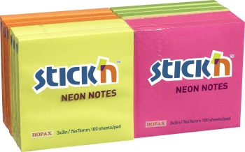 Блок самоклеящийся бумажный Stick`n 21332 76x76мм 100лист. 70г/м2 неон ассорти