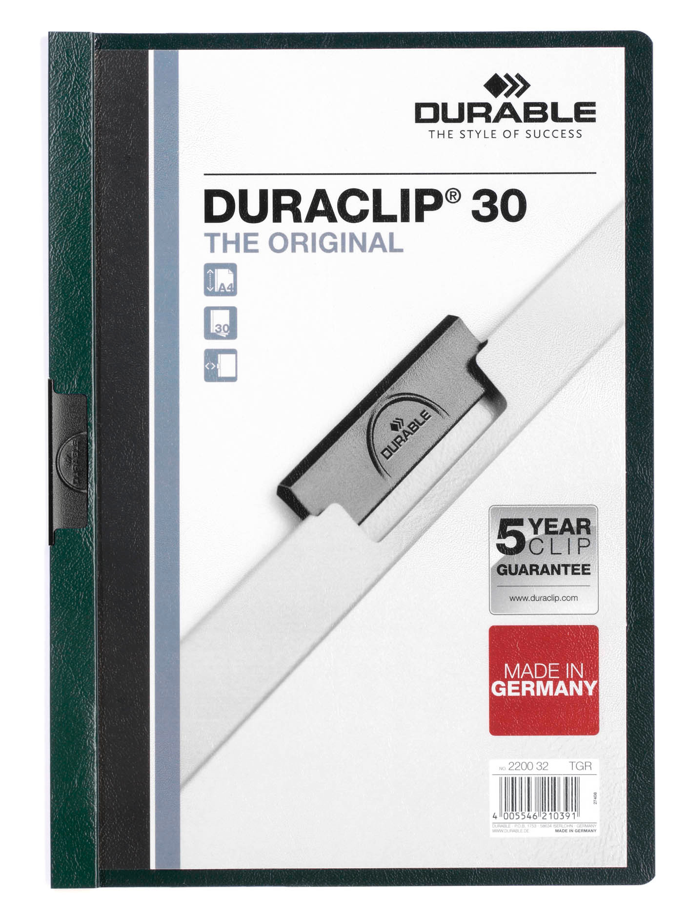 Папка с клипом Durable Duraclip 2200-32 прозрач. верх.лист A4 1-30лист. темно-зеленый