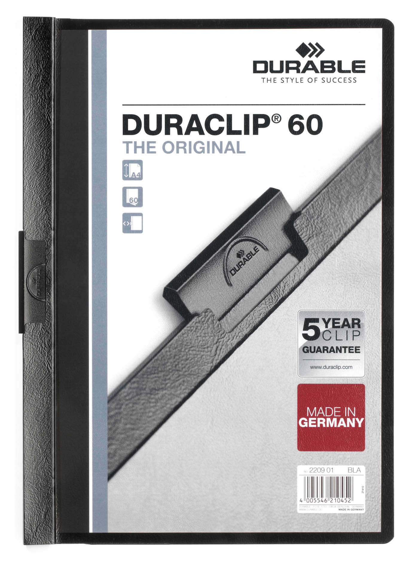 Папка с клипом Durable Duraclip 2209-01 прозрач. верх.лист A4 1-60лист. черный
