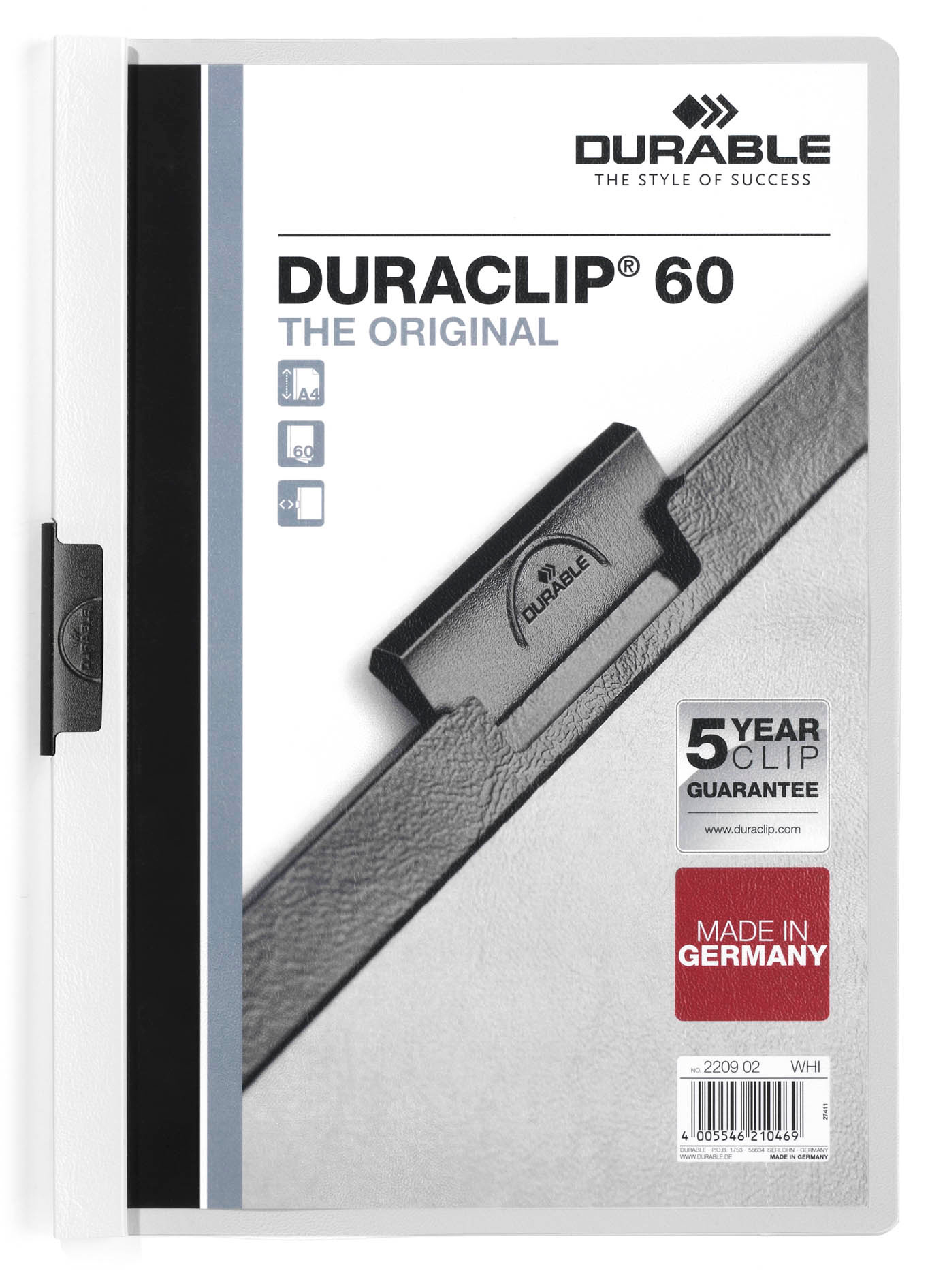 Папка с клипом Durable Duraclip 2209-02 прозрач. верх.лист A4 1-60лист. белый