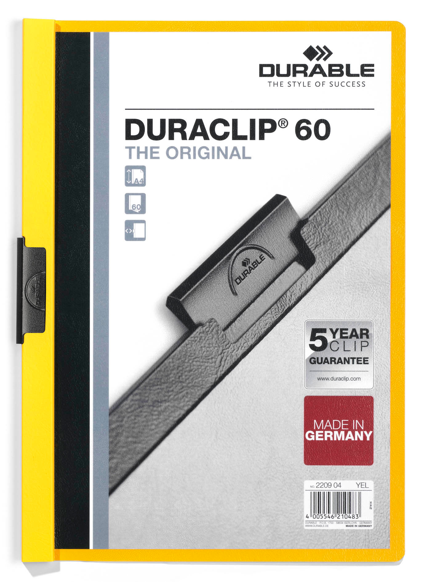 Папка с клипом Durable Duraclip 2209-04 прозрач. верх.лист A4 1-60лист. желтый