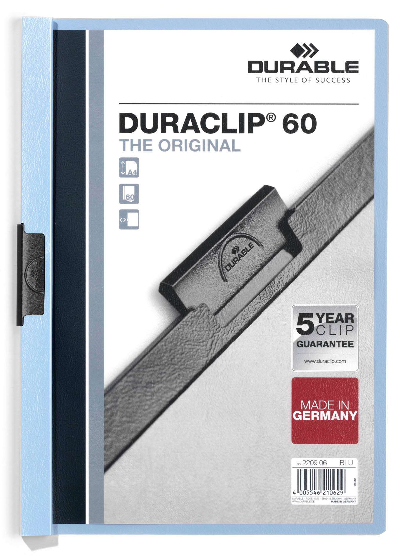 Папка с клипом Durable Duraclip 2209-06 прозрач. верх.лист A4 1-60лист. голубой