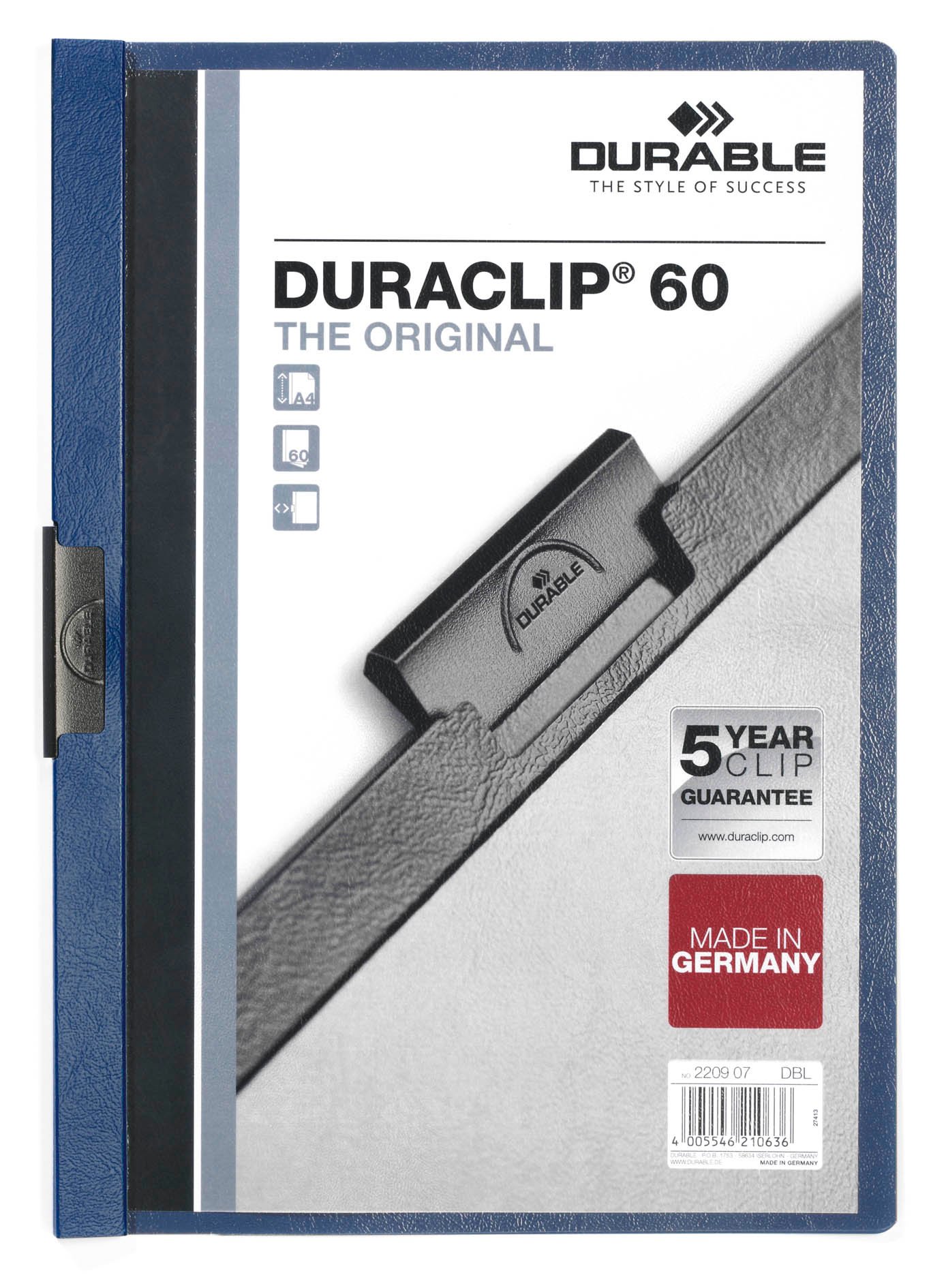 Папка с клипом Durable Duraclip 2209-07 прозрач. верх.лист A4 1-60лист. темно-синий
