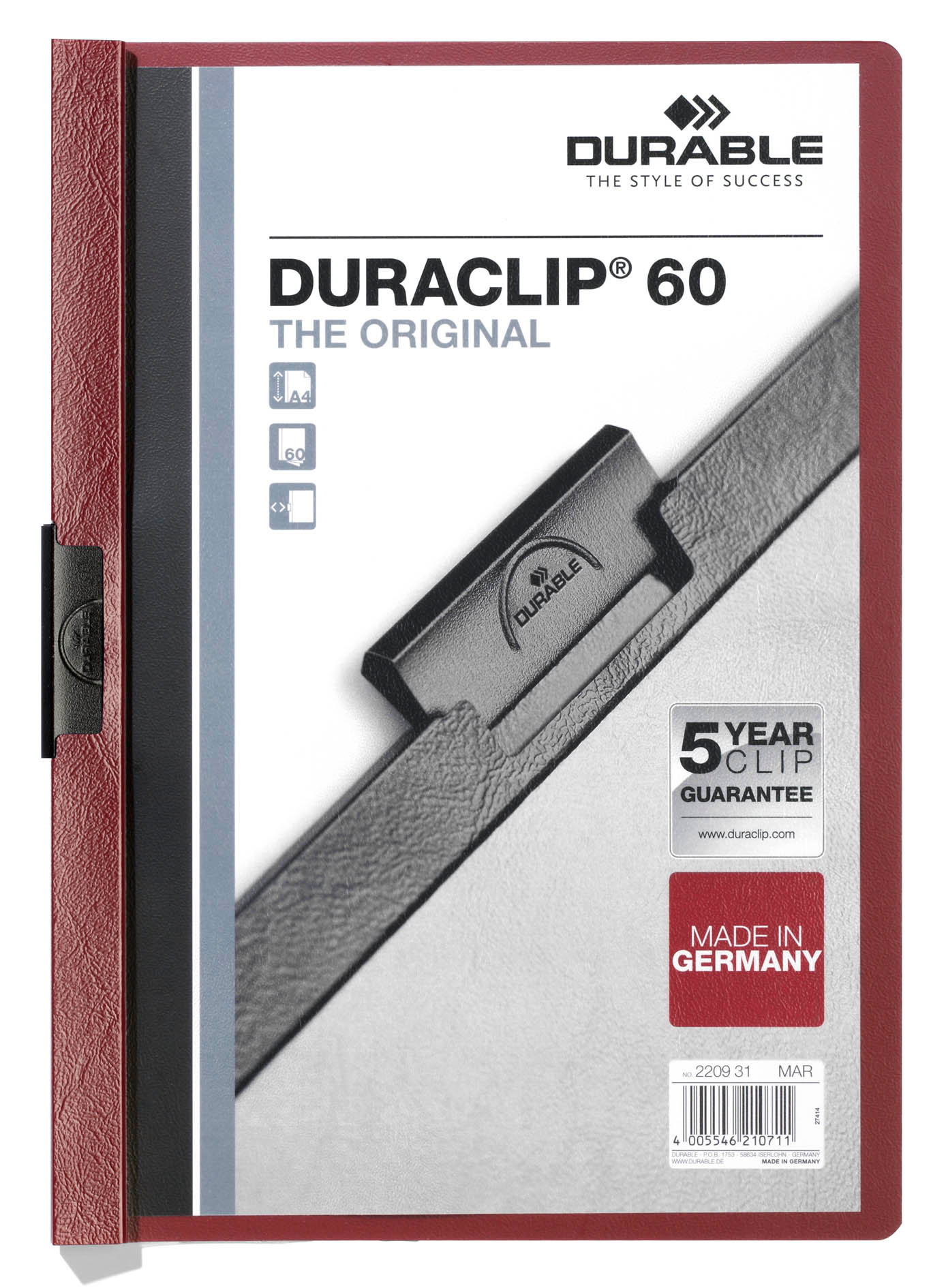 Папка с клипом Durable Duraclip 2209-31 прозрач. верх.лист A4 1-60лист. бордовый