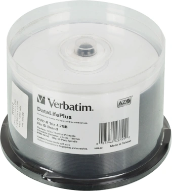 Диск DVD-R Verbatim 4.7Gb 16x Cake Box (50шт) Printable (43755)