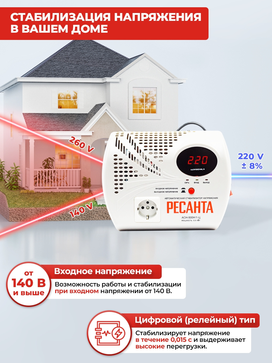 Стабилизатор напряжения Ресанта АСН-500 Н/1-Ц однофазный серый (63/6/9)