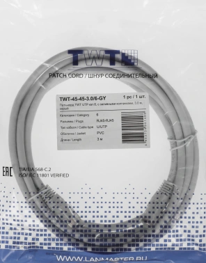 Патч-корд Lanmaster TWT-45-45-3.0/6-GY UTP RJ-45 вил.-вилка RJ-45 кат.6 3м серый ПВХ (уп.:1шт)
