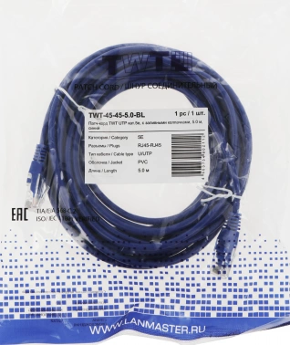 Патч-корд Lanmaster TWT-45-45-5.0-BL UTP RJ-45 вил.-вилка RJ-45 кат.5E 5м синий ПВХ (уп.:1шт)